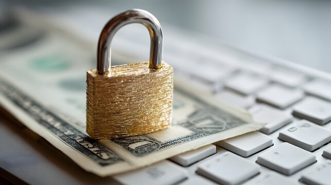 Small metallic padlock secures paper currency resting on a computer keyboard