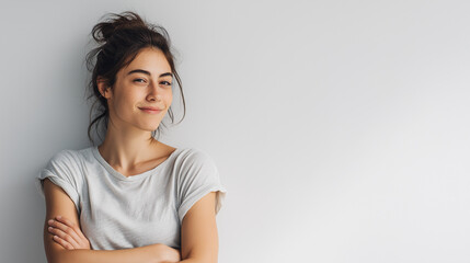Fototapeta premium Confident young woman with crossed arms smiling against neutral background