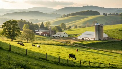 Cows grazing in green pasture on an organic dairy farm