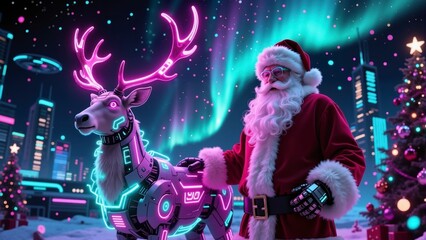 Futuristic Santa Claus in classic red suit with robotic gloves, standing next to a neon cyber reindeer with glowing antlers, against a backdrop of snowy cityscape, Christmas tree, and northern lights.