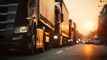 Multiple heavy transport vehicles queue in traffic along an urban roadway during a bright sunset
