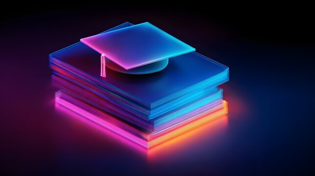 Illuminated stack of academic books supports a glowing graduation cap in a dark setting - Powered by Adobe