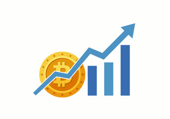 Bitcoin growth chart with coin and upward trending bar graph.