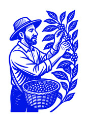Coffee farmer harvesting coffee beans from a coffee plant. Graphic vintage woodcut linocut engraving style illustration.