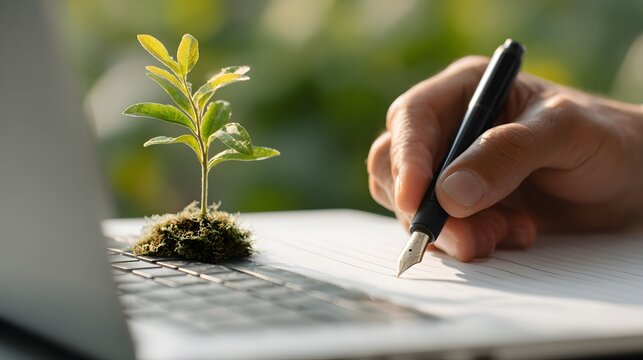 Hand holding fountain pen while writing near small growing plant on portable computer - Powered by Adobe