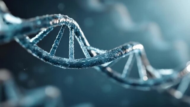 Close-up of a DNA double helix against a blue, blurred background.