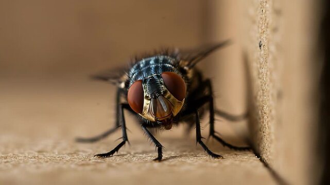 Close-up View of a Common Housefly with Detailed Features and Brown Background, Great Macro Shot