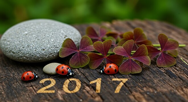 New Year 2017 with lucky charms, ladybugs, and clover on a rustic wooden surface.