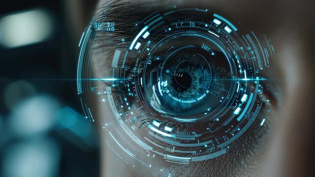 Futuristic digital eye with holographic technology, showcasing advanced cybernetic vision and innovation