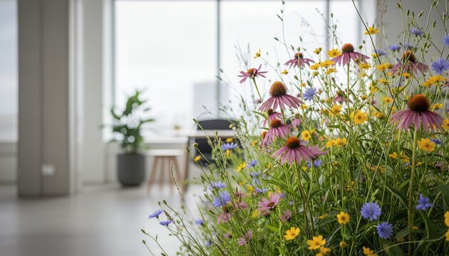 Wildflowers blooming in modern office environment with greenery native wildflower patch