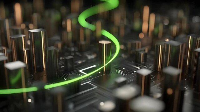 Close-up of a computer motherboard with a glowing green circuit trace winding across the circuit board.