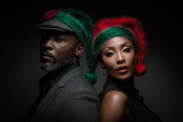 Professional couple portrait with Christmas theme, elegant Santa hats, studio setup with Christmas props, red and green color scheme, fashion photography style, dramatic lighting, high-end magazine
