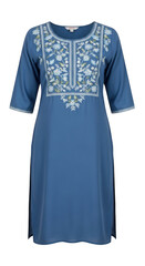 Blue dress with floral embroidery on the front isolated on transparent background