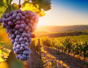 ripe purple grape cluster on vine sunlit vineyard backdrop healthy harvest