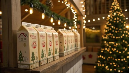 Eggnog Cartons on Display Under Holiday Lights