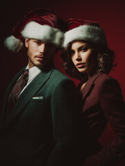 Professional couple portrait with Christmas theme, elegant Santa hats, studio setup with Christmas props, red and green color scheme, fashion photography style, dramatic lighting, high-end magazine