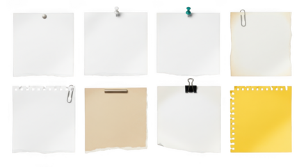 Collection of various paper notes attached with pins and clips isolated on transparent background