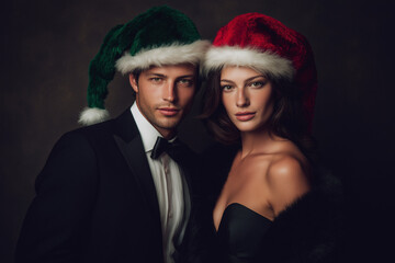 Professional couple portrait with Christmas theme, elegant Santa hats, studio setup with Christmas props, red and green color scheme, fashion photography style, dramatic lighting, high-end magazine