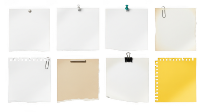 Collection of various paper notes attached with pins and clips isolated on transparent background