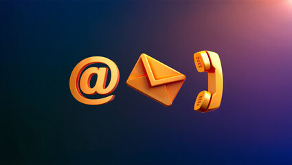 Golden contact icons email envelope and telephone on dark background