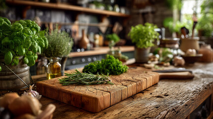 Fresh herbs and produce on a wooden cutting board in a rustic kitchen