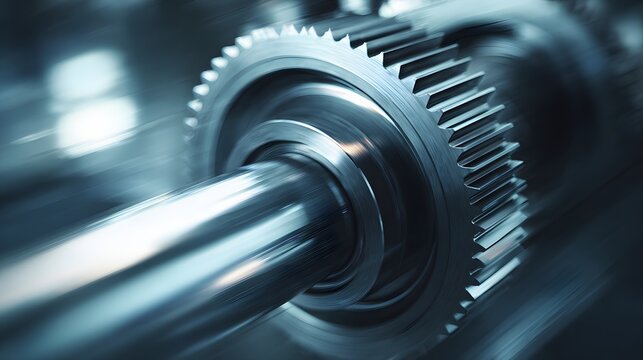 Metallic industrial mechanism featuring a sharply defined gear and rotating shaft shows motion blur effects