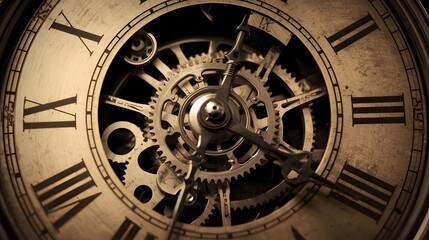 Obraz premium Timeless Precision: A close-up showcases the intricate clock mechanism, with visible gears and Roman numerals, representing the essence of time. 