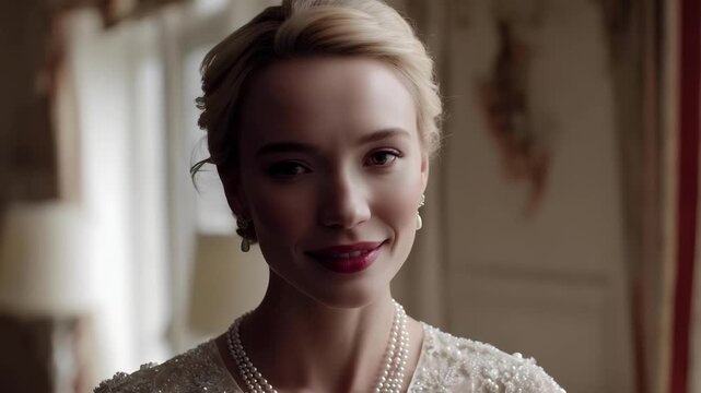 A woman in a beaded gown with pearl jewelry and an elegant updo gazes softly to the side.