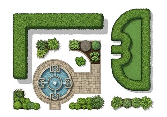 Top view of a formal garden with fountain and hedges