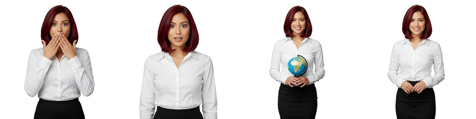 Four secretaries with red bob hair, expressing surprise, curiosity, confidence, and holding a globe, isolated on a transparent background. Ideal for business, global communication,