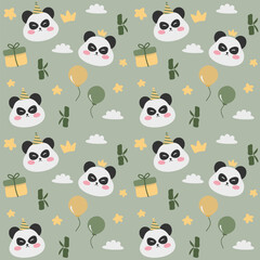 Cute seamless panda pattern with balloons, party hats, gifts, and bamboo in green flat design, adorable cartoon panda celebration background, kawaii animal wallpaper for kids and birthday theme