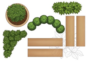 Topiary plant shapes and wooden slats isolated on white background