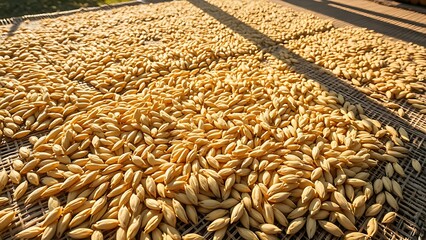 foolishness. Barley grains drying on a mat under soft, natural sunlight. menu design, packaging mockups, designed for culinary blogs and recipe cards for restaurants, used by account managers.