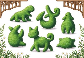 Cute green grass animal shapes isolated on white background