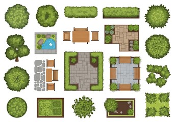 Top view of garden elements, landscape design, and furniture