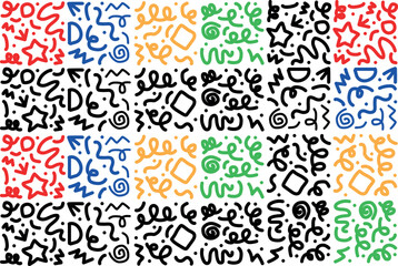 Playful Memphis Style Colorful Seamless Pattern – Hand-Drawn Brush Stroke and Geometric Shapes Vector for Creative Branding, Fabric & Printable Crafts