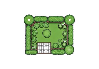 Top view of a garden plan with plants, lawn, and patio isolated on white background