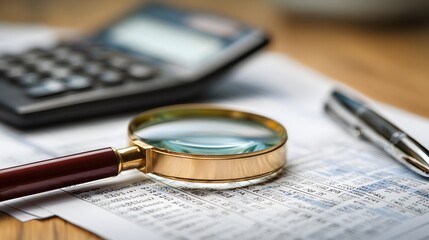 Magnifying glass rests upon financial documents alongside a calculator and writing instrument