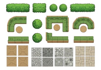 Top view of garden furniture, plants, and paving tiles isolated on white background