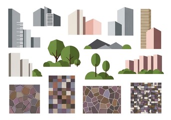 Collection of modern building and landscape elements isolated on white background