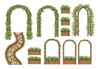 Garden arches, stone path, and planter boxes with flowers