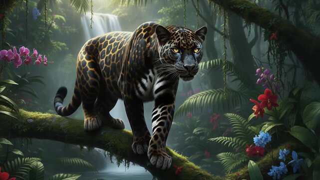 ein schwarzer Panther mit goldenen Flecken der anmutig auf einem dicken Ast im Dschungel l&auml;uft im Hintergrund ist ein Wasserfall