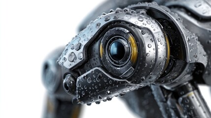 Mechanical Eye: A futuristic robotic eye glistens with water droplets, its metallic surface and intricate design hinting at advanced technology. 