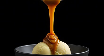 Dulce de leche slowly dripping over vanilla ice cream in an indulgent and luxurious scene.