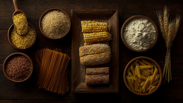 Rustic overhead view of assorted grains and baked goods on a wooden surface