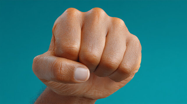 Close-up of a clenched fist on a blue background.