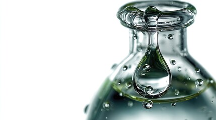 Pure Essence: A close-up showcases a transparent glass bottle adorned with water droplets. The elegant curvature of the bottle and water droplets, reflecting light.