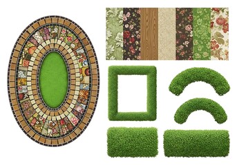 Mosaic garden frame and green hedge elements isolated on white background