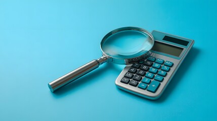 Magnifying glass resting beside a digital calculating device on a bright blue background