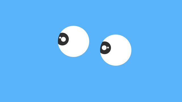 Cartoonish white round eyes with pupils blink and move across the blue screen. Minimalist animation in flat art style